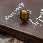 Handcrafted Brown Oval Tigereye Gemstone Cabochon Steel Adjustable Ring Photo 7