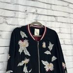 Elevenses  Embroidered Bomber Jacket Women’s L Black Floral Satin Zip Up Boho Photo 2