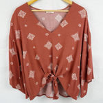 Millibon Rust Boho Print Tie Front Blouse Women's Size M Wide Bell Sleeve Top Photo 0