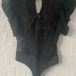 Valentine black lace thong bodysuit, high neck, front opening, elbow sleeves; M Size M Photo 0
