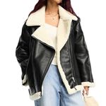 ASOS Design Faux Leather Bonded Borg Aviator in Black, Size 0 Photo 0