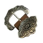 None Tan Faux Leather Belt Ornate Western Buckle Silver Tone 48 Inch Photo 2