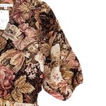 BaeVely Henly Brown Floral Jacquard Puff Sleeve Mini Cutout Dress Size Medium Photo 2