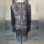 Upopby Black Boho Floral Lace Fringed Hem Sheer Short Duster Swim Cover Up Photo 7