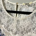 Kori  AMERICA size small mustard blue floral cold shoulder top lace detail button Photo 3