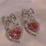 Pink Heart Bow Drop Earrings Silver Tone Crystal Accents NWT Photo 4