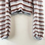 Altar'd State  Cropped Balloon Sleeve Striped Crochet Sweater Blue Brown Medium Photo 10