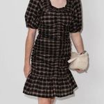 Ganni  Ruched Seersucker Mini Dress Plaid Tan Black beige puff sleeves neutral Photo 14