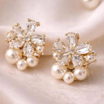 Crystal Flower Pearl Stud Earrings Gold Tone Coquette Bridal NWT Blue Photo 0