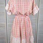 GIGIO Midi Dress 100% Cotton Ruffle Trim Washed Red & White Stripe Photo 0