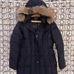 Lands' End Black Shimmer Down Parka with faux fur trim hood SMALL Photo 0