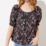 Loft Black Pink Red Orange Floral Print Garden Smocked Peasant Top Large Photo 0