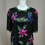 Vintage 1980’s “Sténay” Black Sequin & Beaded Blouse Floral Pattern Large Photo 0
