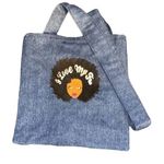 Denim handbag. Handmade. “I love my Fro” embroidered on front. Photo 0