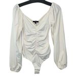 Lulus Womens V-Neck Ruched Stretch Long Sleeve Bodysuit White Medium Photo 0