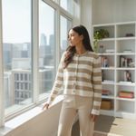 Hem & Thread  Striped Button Cardigan Women's S Cream Tan Long Sleeve Photo 3