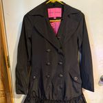 Betsey Johnson Black Ruffle Trim Pink Lined Trench Coat With Rose Buttons Size S Photo 0