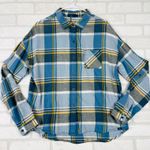 prAna  Womens Button Down Plaid Flannel Shirt Long Sleeve Blue Yellow‎ Large Photo 0
