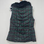 Talbots  Womens Puffer Vest‎ Small Green Plaid Tartan Faux Fur Collar Down Filled Photo 4