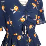 Nine Britton SMALL Floral Front Scrunch Tie Keyhole Stomach Flair Hip Blouse Photo 54