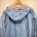 Vintage 1980s Denim Hooded Snap Front Jacket Plaid Trim by Stefano International Blue Size L Photo 3