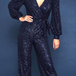 Skies Are Blue  Glam Sequin Long Sleeve V-Neck Jumpsuit Small Navy Blue Showgirl Photo 0