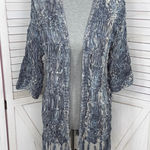 Chico's Boho Open Ribbon Yarn Knit Fringe Cardigan Sweater Denim Blue Small Photo 0