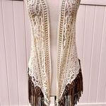 Origami Crochet & Lace Vest with Fringe, Boho Country Coachella, size S/M Tan Photo 3