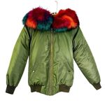 Popski Olive Green Bomber Jacket Rainbow Faux Fur Trim Multicolor Lining Women M Size 6 Photo 0