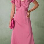 Rihoas Pink Sweetheart Neck Ruched Satin Midi Dress Size M Photo 0