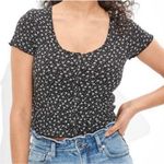 American Eagle New  Womens S Black White Flower  Henley Snap Soft Sexy Rib 90’s Photo 0