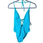 Lucky Brand Teal Golden Wave Lace-Up Deep V-Neck One Piece Swimsuit Size Medium Photo 1