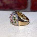 Pre-Owned 925 Gold Tone Ring Green Magenta Dark Blue Stones Elegant Fancy Chic Photo 3