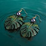 Bohemian Style Green Leaf Drop Earrings With Imitation Pearl Hollow Photo 3
