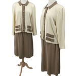 Vintage Mita 2 Piece Knit Cardigan & Skirt Set Matching Cream Tan Womens 18 Photo 1