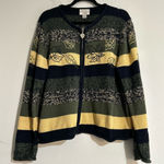 Vintage Green Yellow Striped Leaf Embroidered Knit Zip Up Cardigan Sweater XL Blue Photo 0