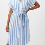 Ava & Viv  Striped Button Front Shirt Dress Belted Linen Blend Blue White 1X Photo 0