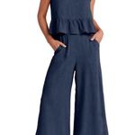 Elegant Blue Pants with Ruffled Peplum Top 2 Piece Set Size L Photo 1