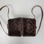 Vintage Basket Purse Two Tone Brown Rattan Bamboo Leather Trim Woven Hinged Photo 13