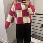 &merci Hot Pink/White Checkered Ballon Sleeve Cropped Sweater Photo 0