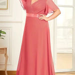 Ever Pretty NWT Coral Pink Chiffon Flutter Sleeve V-Neck Floor Length Dress Gown Size 18 Photo 0