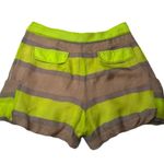 Line and Dot Shorts Lime Yellow Brown Striped Pleated Front Zip Shorts Small Silk Photo 3