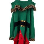 Holiday Time  leopard trim off the shoulder jingle bell elf sweater dress M Photo 2