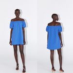 ZARA Floral Openwork Textured Blue Off Shoulder Mini Sun Dress Balloon Sleeve Photo 1