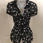 Y2K Office Siren Preppy Vixen Black White Polka Dot Corset Fit Sheer Blouse Shirt Top Button Up Down Short Sleeve blouse #whimsi #gothic #whimsygoth Size 8 Photo 0