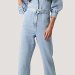 NA-KD NWT Cotton Denim Jean Belted Puff Sleeve Button Collard Denim Jumpsuit Photo 0
