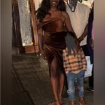 Lulus Showing Off a Little Brown Velvet Asymmetrical Tulip Midi Dress Photo 4