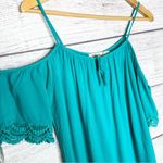 Liberty Love Teal Blue Cold Shoulder Tunic Top with Boho Lace Trim Size Large Photo 1