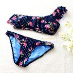 NWT Gingham & Floral Printed One Shoulder Bikini Blue Photo 2