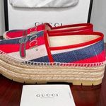 Gucci Sylvie Stripe Logo Platform Espadrilles Size 37.5 Photo 0